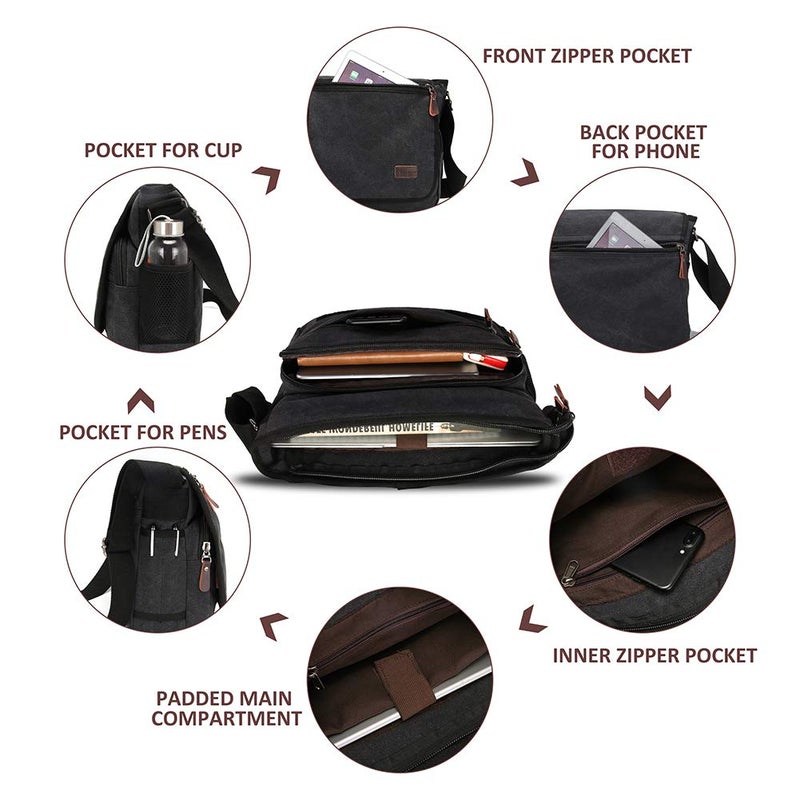 Modoker حقيبة مودوكر للرسائل للرجال والنساء، حقيبة ساتشل للكمبيوتر المحمول 13 بوصة، حقيبة كتف قماشية مع جيب زجاجة، سوداء - Image 3